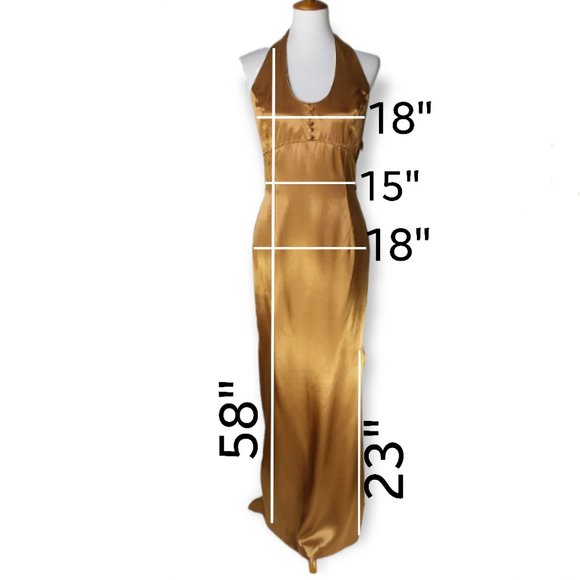 Vtg Jessica McClintock Gunne Sax Maxi Halter Dress Size 7/8 Liquid Gold Metallic - Picture 9 of 12